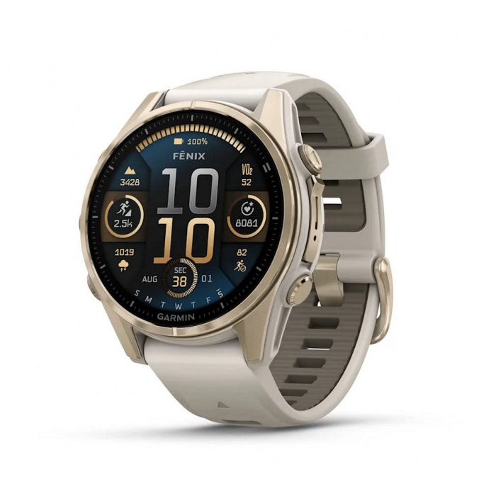 Fenix 8 – 43 mm, AMOLED Sapphire, Soft Gold with Fog Gray/Dark Sandstone Silicone Band