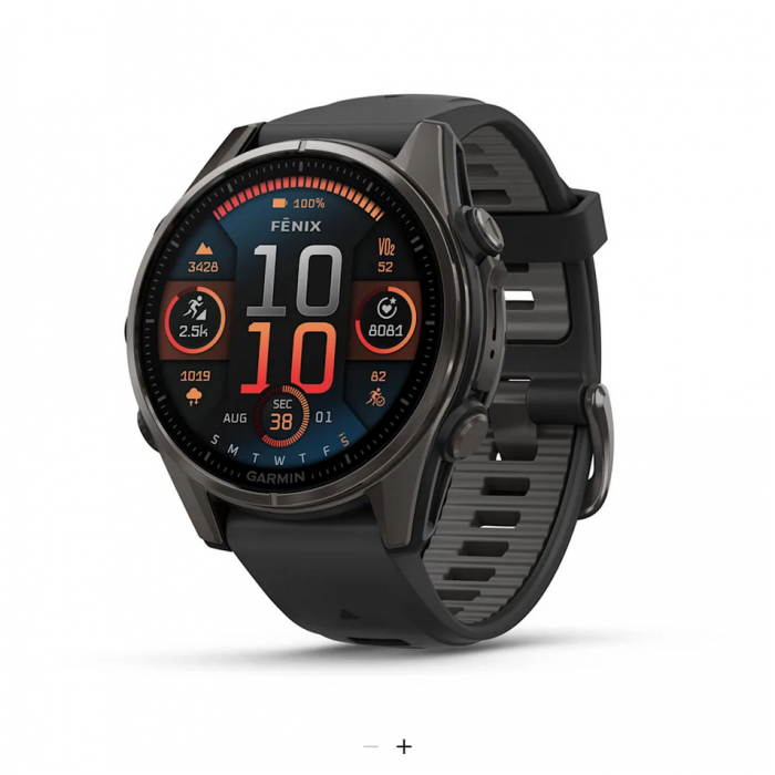 Fenix 8 – 43 mm, AMOLED Sapphire, Carbon Gray DLC Titanium with Black/Pebble Gray Silicone Band