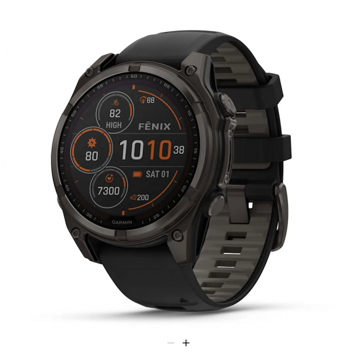 Fenix 8 – 47 mm, Solar Sapphire, Carbon Gray DLC Titanium with Black/Pebble Gray Silicone Band