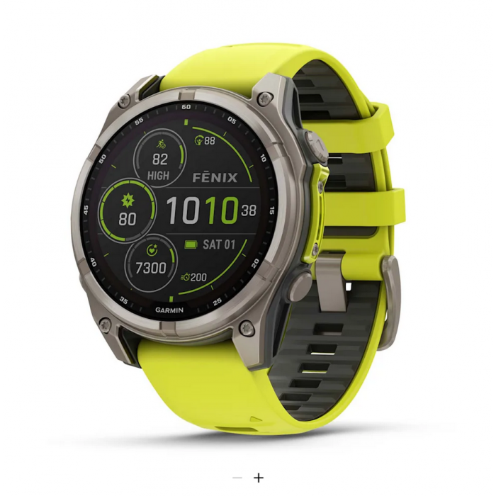 Fenix 8 – 47 mm, Solar Sapphire, Titanium with Amp Yellow/Graphite Silicone Band