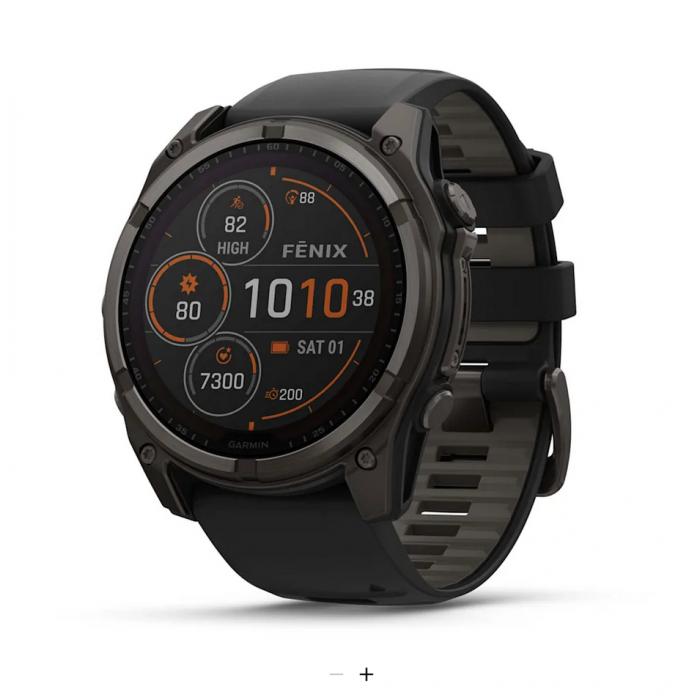 Fenix 8 – 51 mm, Solar Sapphire, Carbon Gray DLC Titanium with Black/Pebble Gray Silicone Band